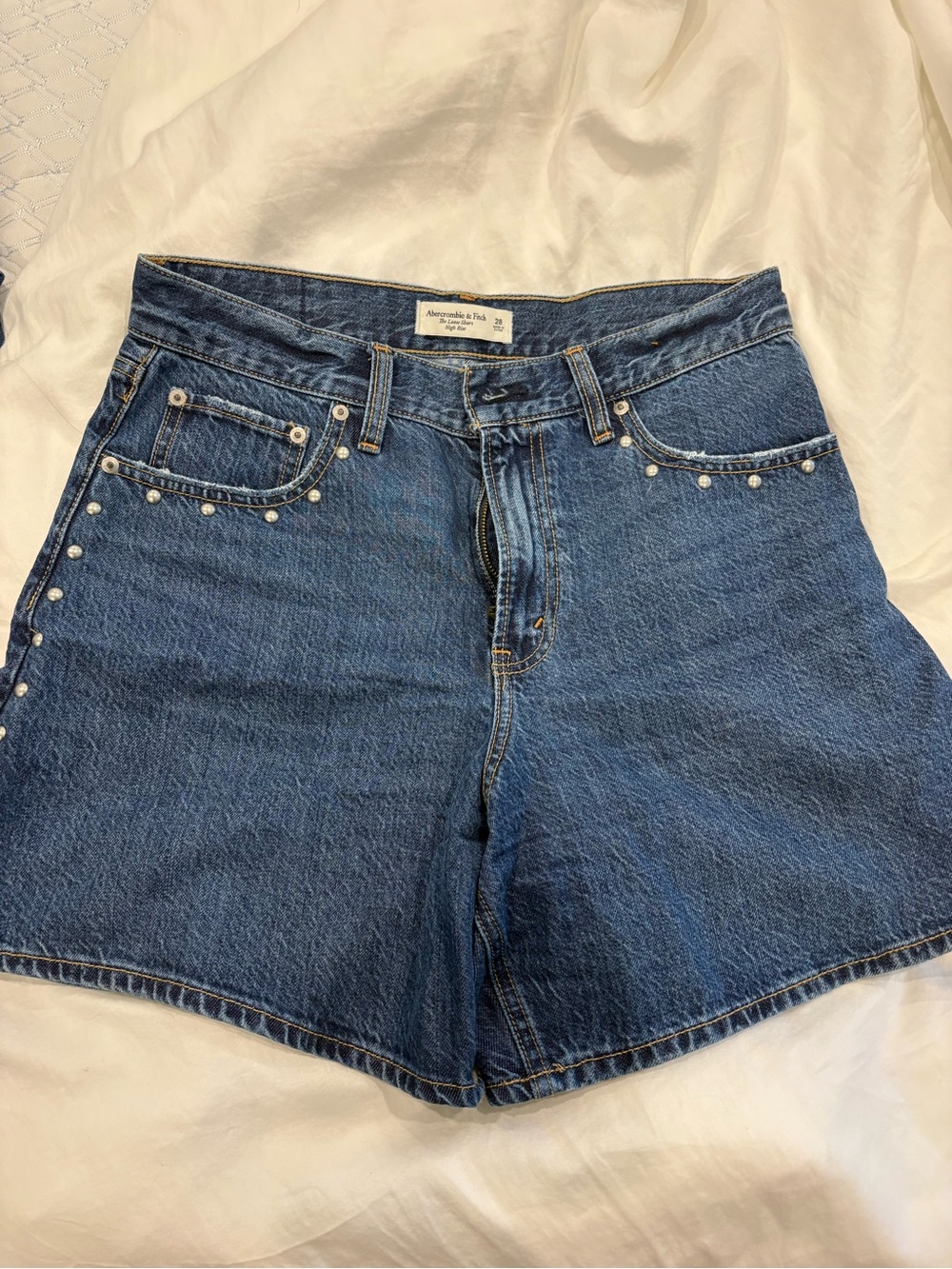 Abercrombie & Fitch Blue Denim Shorts with Pearl Studs